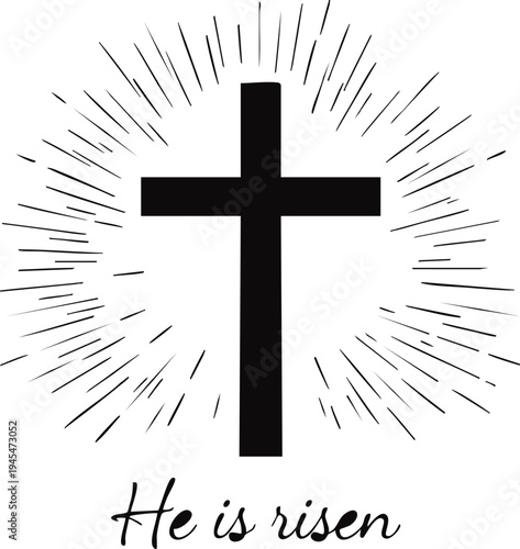 Easter cross with he is risen text and sunburst design