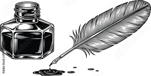 Vintage feather quill pen and ink bottle vector illustration, classic calligraphy writing tool engraving style isolated antique stationery design