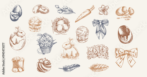 Hand drawn vintage easter illustration set with rabbit eggs basket cake ribbon feather spring elements