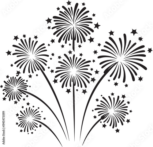 Celebratory fireworks bursting in a stylized black and white artistic arrangement silhouette vector icon