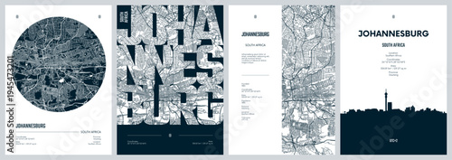 Set of travel posters with Johannesburg the most populous city in South Africa, detailed urban street plan city map, Silhouette city skyline, vector artwork