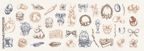 Hand drawn vintage easter illustration set with rabbit eggs basket wreath cake ribbon feather spring elements