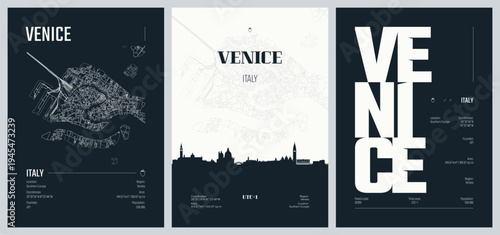 Detailed urban street plan city map Venice a city in northeastern Italy and the capital of the region of Veneto, Vector set of travel posters, Silhouette city skyline artwork, kit 2