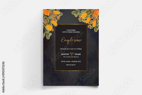 WEDDING INVITATION FRAME WITH FLOWER DECORATIONS AND FRESH LEAVES