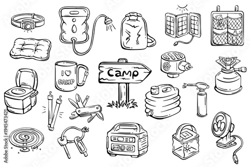 Camping Gear and Outdoor Survival Icon Set. Essential Equipment for Hiking, Tourism and Adventure Lifestyle. Hand drawn Doodle vector illustration