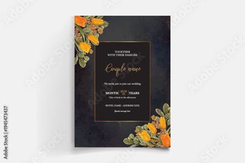 WEDDING INVITATION FRAME WITH FLOWER DECORATIONS AND FRESH LEAVES