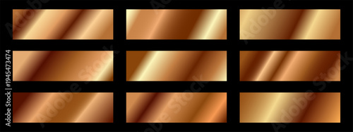 Set of diagonal bronze, cooper foil metallic shiny gradient swatches