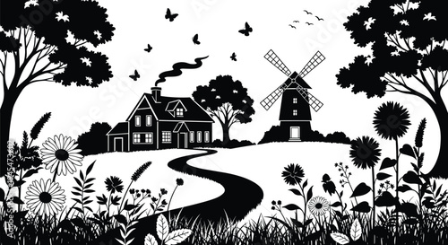 Countryside cottage and windmill landscape silhouette with flowers, trees, birds and winding path, peaceful rural nature illustration