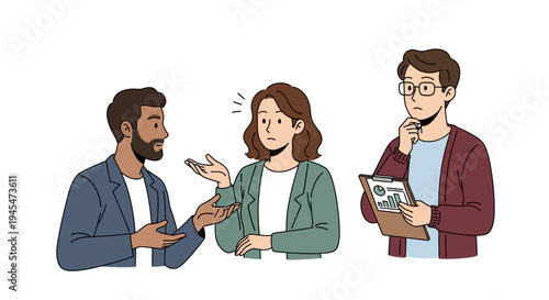 Three people discussing and analyzing data in a meeting