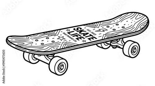 Black and white illustration of a skateboard with graphic design