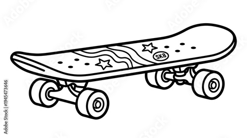 Black and white illustration of a skateboard with stars and waves design