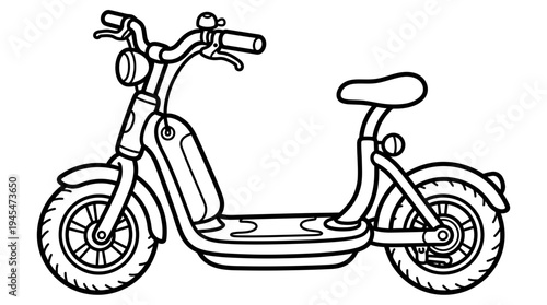Black and white line drawing of an electric scooter, isolated on white background.