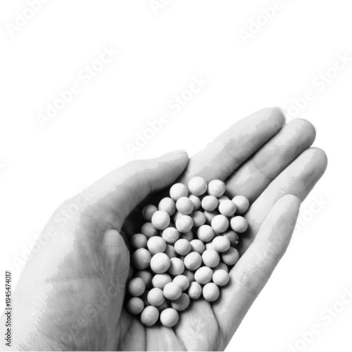 Hand holding round pills in halftone black and white style. Minimal medical illustration isolated on white background symbolizing medicine, healthcare, treatment, and pharmaceutical concept.