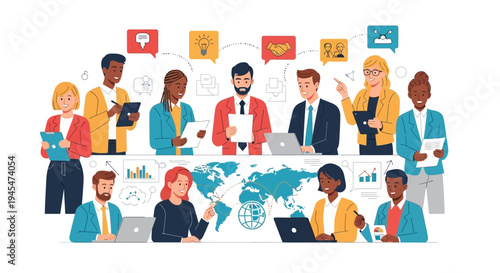 Diverse group of business professionals collaborating globally