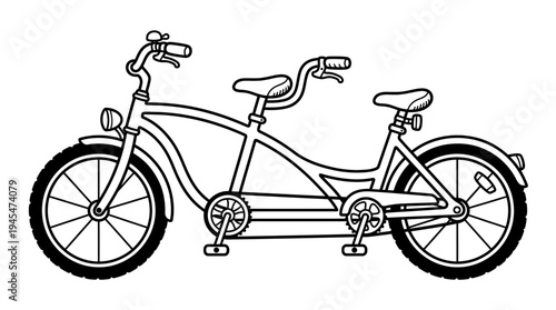 Tandem bicycle illustration, black and white line drawing