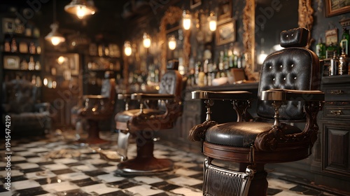 Breathtakingly realistic photograph of an empty classic vintage barbershop, featuring antique leather chairs and checkerboard tile floors.