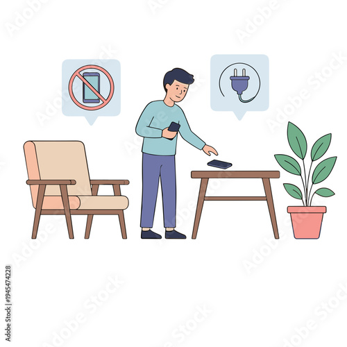 Man standing indoors holding phone interacting with device on table next to chair and potted plant
