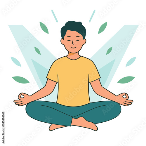A man sits in lotus position meditating peacefully outdoors with leaves