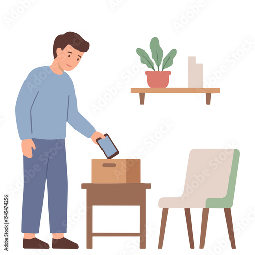 Man scans package on table with phone in living room