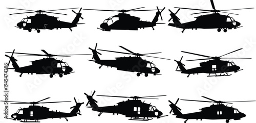Helicopter silhouette vector illustration set, diverse aircraft designs with rotor, fuselage, and tail variations, creative resource for aviation, transport, and educational themes