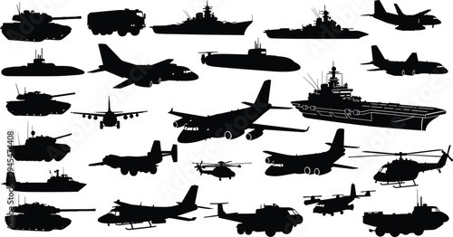 Military vehicle silhouette vector illustration set, diverse designs including tanks, submarines, aircraft, ships, and trucks, creative resource for defense, education, and strategic themes