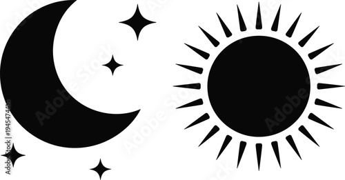 Sun and moon vector illustration set, black silhouette designs with crescent, stars, and radiating rays, creative resource for day, night, and celestial themes