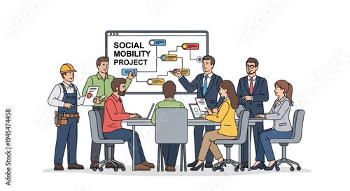 Diverse team discussing social mobility project in meeting