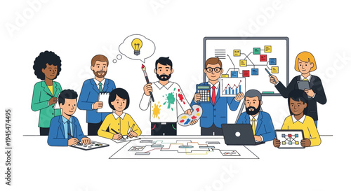 Diverse group of people brainstorming and planning a creative project together in a meeting