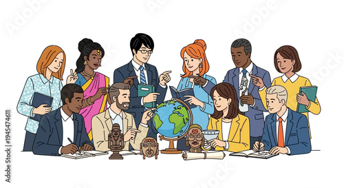 Diverse group of people from different cultures discussing and learning around a globe