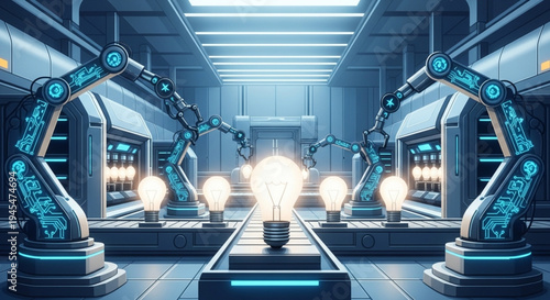High-tech industrial facility with robotic arms processing glowing light bulbs, a visual metaphor for innovation, future technology, and automated idea creation