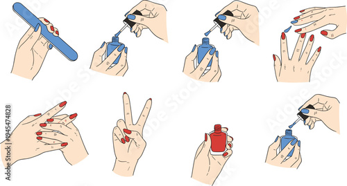 Manicure process hands with nail polish vector illustration set, nail care beauty treatment cosmetic procedure collection
