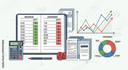 Business finance icons, accounting symbols, financial charts and graphs, office supplies