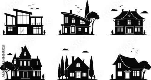 House silhouette collection, modern and classic home architecture icons, residential building vector set, suburban houses, real estate illustration