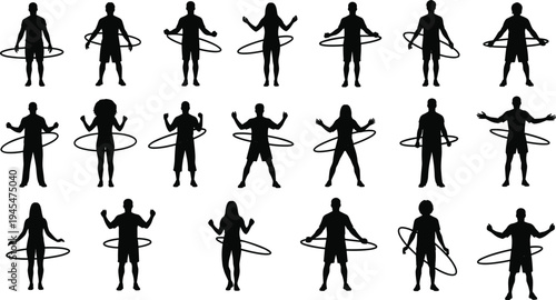 People hula hoop exercise silhouette set vector illustration, fitness workout activity collection isolated human sport poses design