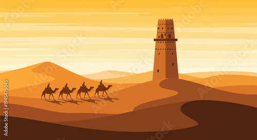 Desert landscape, camel caravan, sandy dunes, tower silhouette, sunset