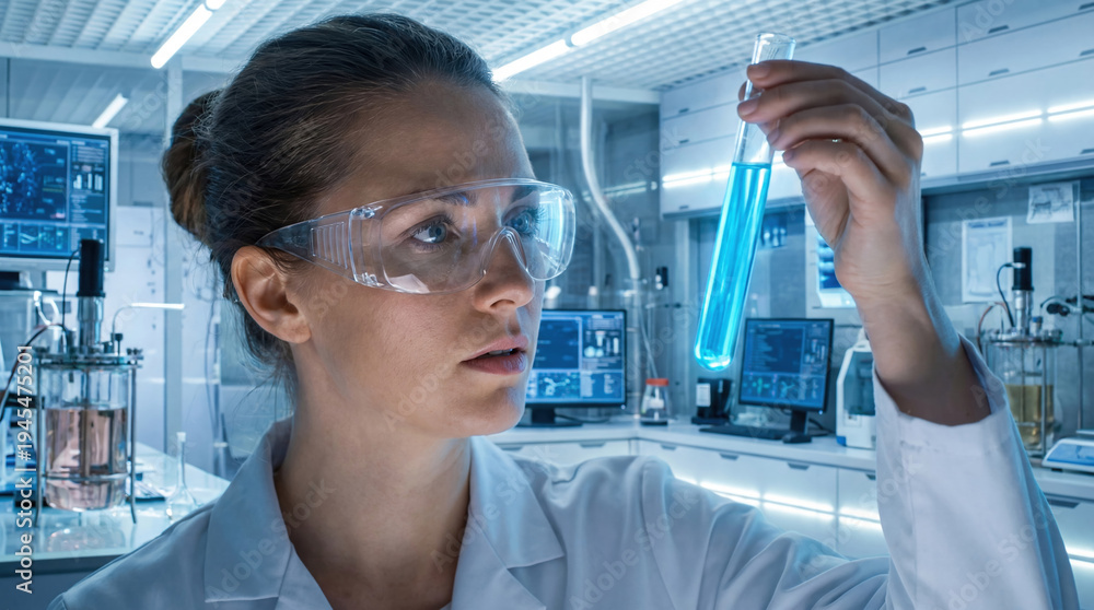 Fototapeta premium Female scientist in lab coat and safety glasses holding test tube with blue liquid, intently observing chemical reaction in modern laboratory setting, scientific research and development activity.