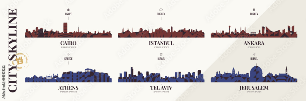 Obraz premium City skyline silhouettes Cairo, Istanbul, Ankara, Athens, Tel Aviv, Jerusalem, Panoramas of Western Asia and Greece horizon with abstract brutalism geometric pattern, detail urban cityscape, kit 13