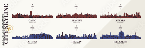 City skyline silhouettes Cairo, Istanbul, Ankara, Athens, Tel Aviv, Jerusalem, Panoramas of Western Asia and Greece horizon with abstract brutalism geometric pattern, detail urban cityscape, kit 13