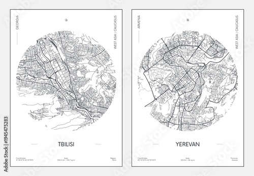 Travel detailed urban poster, Tbilisi - Georgia and Yerevan - Armenia street plan in circle, vector black and white printable map