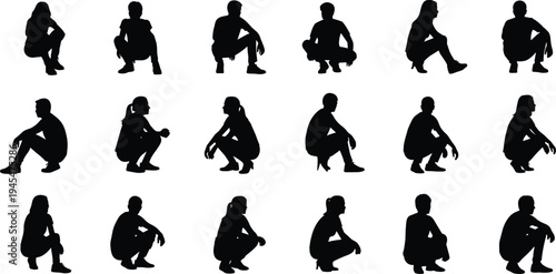 People squatting silhouette set vector illustration, man and woman crouching sitting poses collection isolated black human figure design