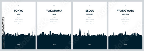 Travel vector set with city skylines Tokyo, Yokohama - Japan, Seoul - South Korea, Pyongyang - North Korea, detailed urban skylines minimalistic graphic artwork