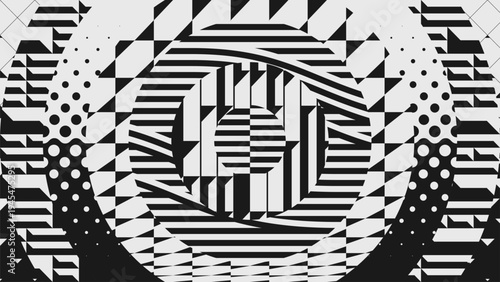 Postmodern geometric ornament with simple shapes in monochrome, collage of circles with different patterns, Abstract modern composition in brutalism style, bold aesthetics, psychedelic illusion art