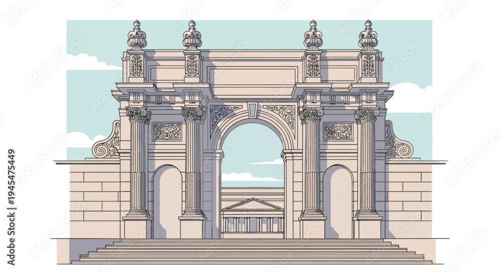 Fototapeta premium Architectural monument, vintage gate, stone structure, ornate archway, illustration