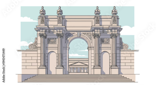 Architectural gate, vintage stone entrance, ornate portal, monumental illustration