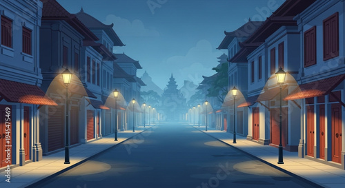 Eerie Foggy Street Illuminated by Vintage Streetlights, Flanked by Historic Asian Buildings Leading to a Mysterious Town Horizon at Dusk