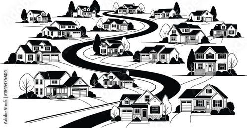 Suburban neighborhood houses with winding road, residential community landscape, modern homes street illustration, real estate suburb vector scene