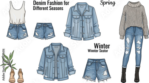 Denim Fashion Illustration Set for Different Seasons Featuring Ripped Denim Jackets, Shorts, and Sweaters for Spring and Winter Outfits