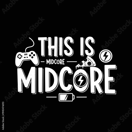 This is Midcore Gaming Lifestyle Design with Controller Pizza and Battery Icon.