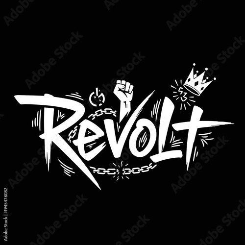 Revolt word art with fist and crown.
