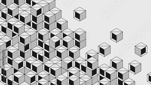 3D abstract modern composition in brutalism style, isometric cube puzzle background bold aesthetic for presentations, Postmodern geometric ornament with simple shapes in black and white